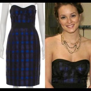 Diane Von Furstenberg DVF Blue Navy Plaid Little Ann Sweetheart Strapless Dress.